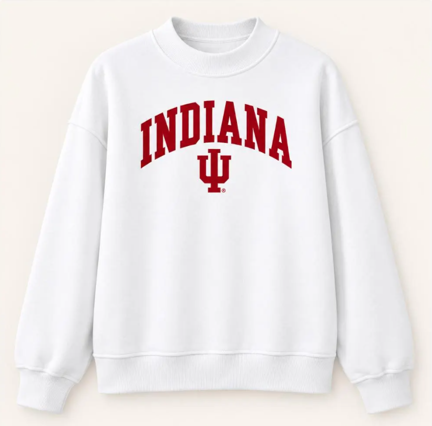 White women's mock neck sweatshirt with red Indiana and IU design