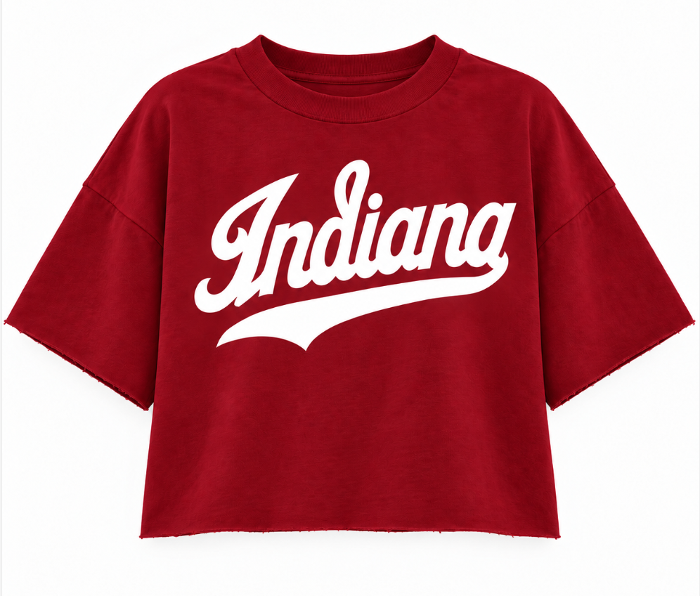 Crimson women's cropped tee with white Indiana script