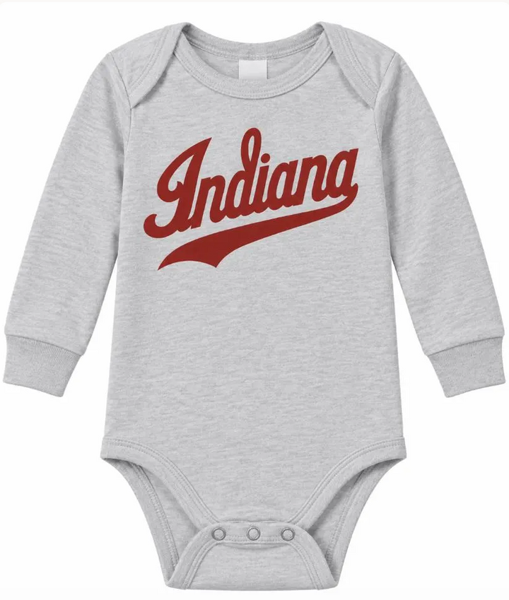 Script Indiana Long Sleeve Baby Onesie