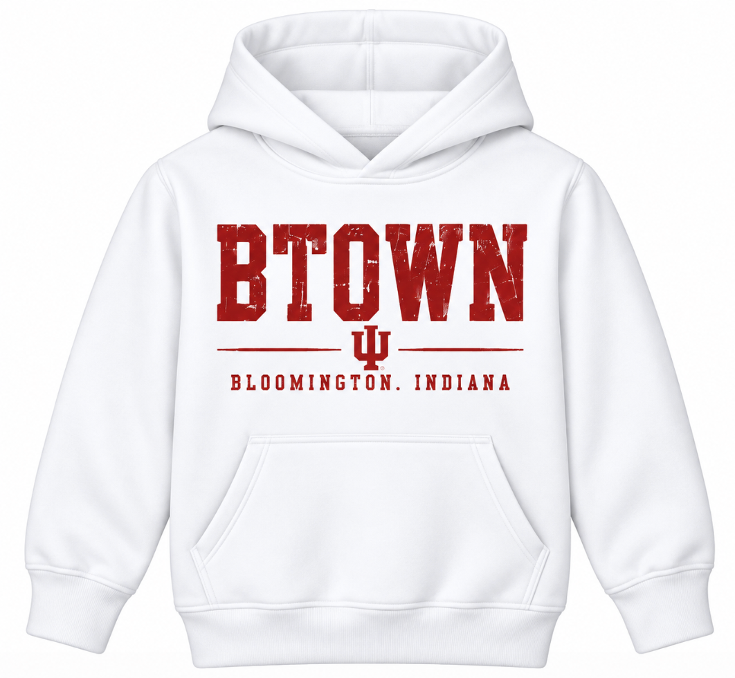 B-Town Classic IU Youth Hoodie in White — no drawstrings