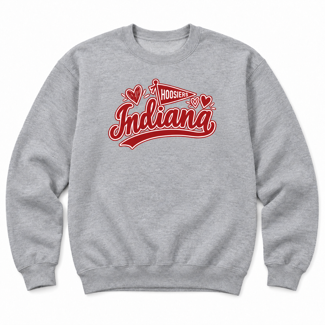 Indiana Hoosiers Pennant and Hearts crewneck flatlay in Sport Gray