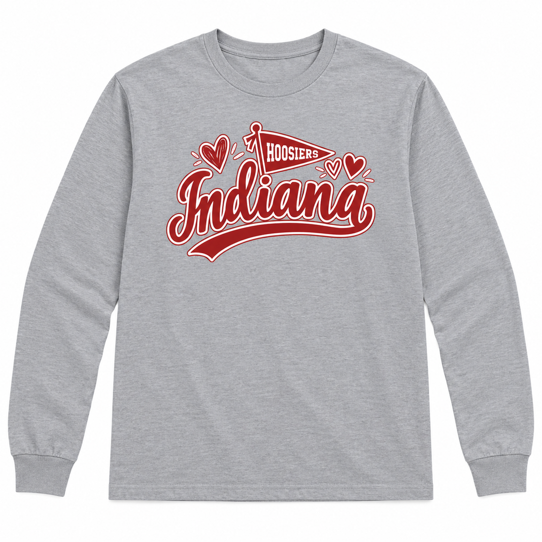 Indiana Hoosiers Pennant and Hearts longsleeve flatlay in Sport Gray