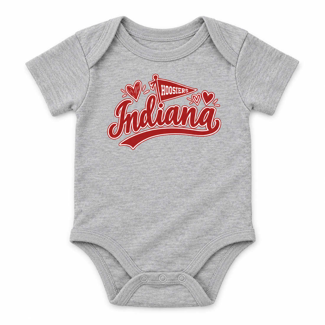 Indiana Hoosiers Pennant and Hearts onesie flatlay in Sport Gray