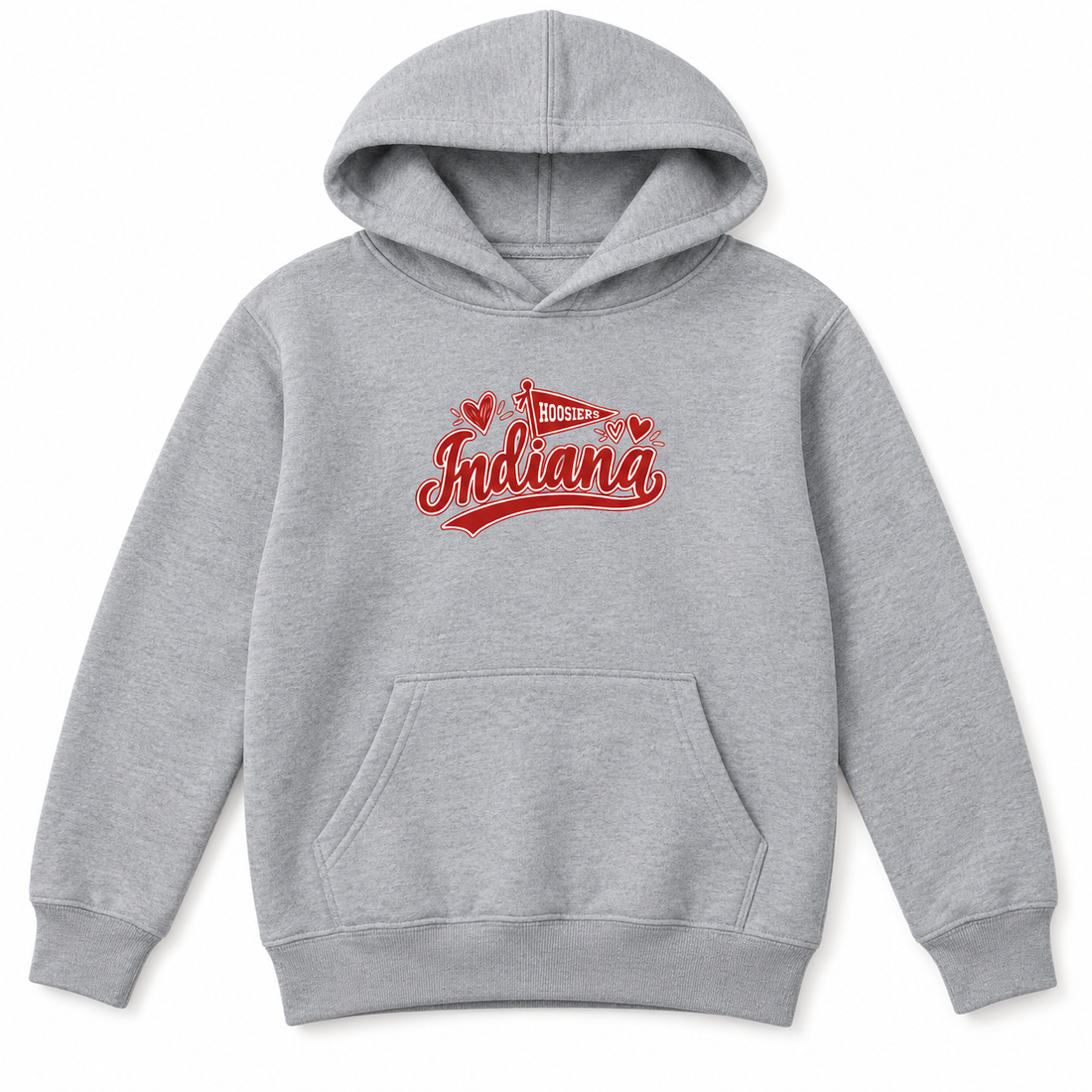 Indiana Hoosiers Pennant and Hearts hoodie flatlay in Sport Gray