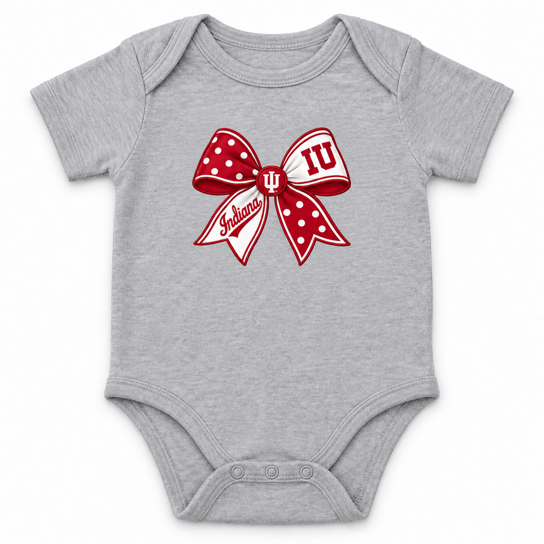 Indiana Bow onesie flatlay in Sport Gray