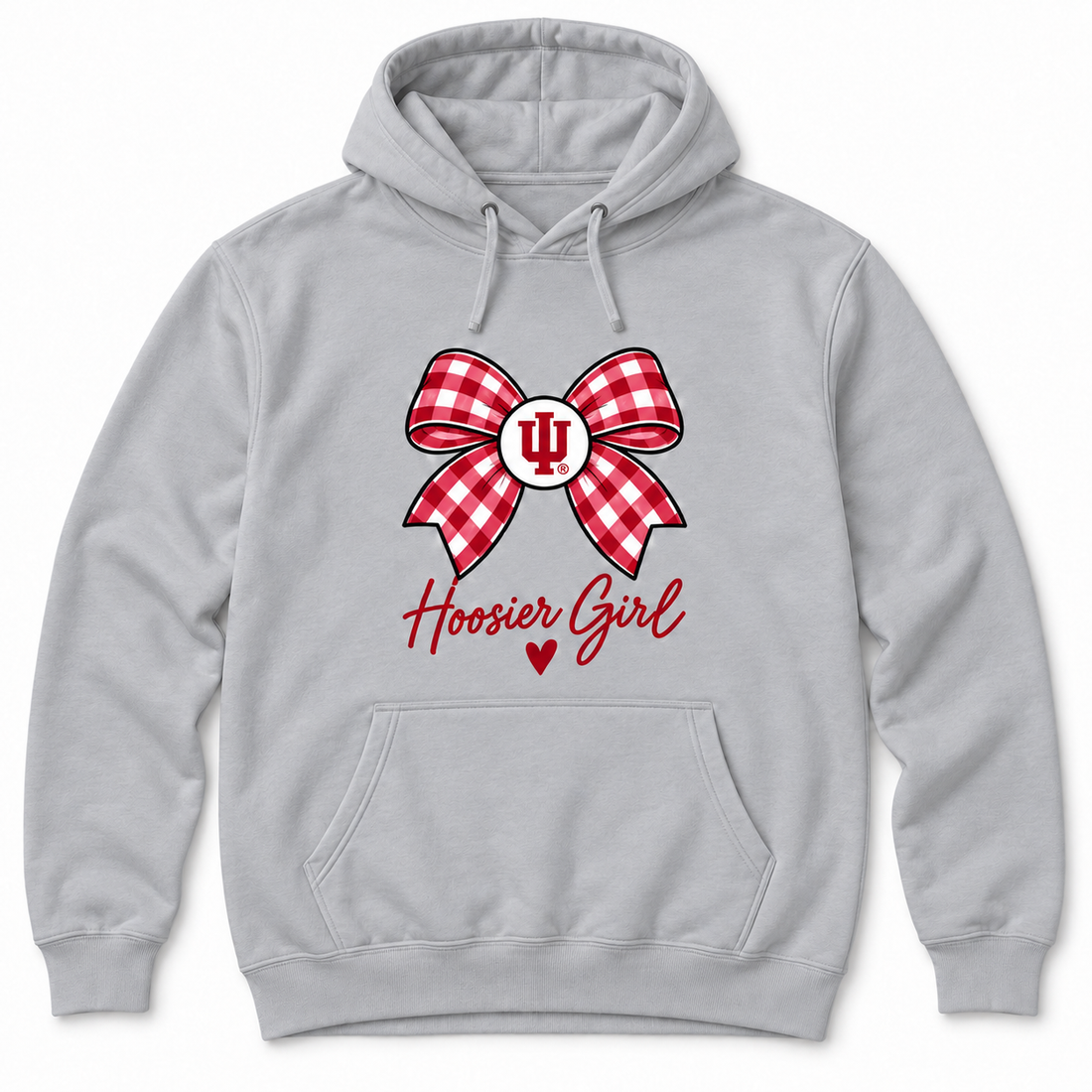 Hoosier Girl Gingham Bow and Heart hoodie flatlay in Sport Gray
