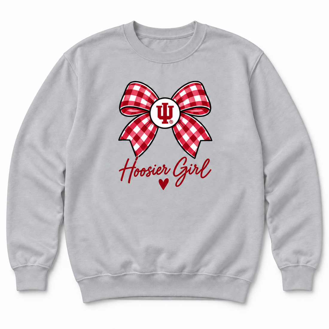 Hoosier Girl Gingham Bow and Heart crewneck flatlay in Sport Gray