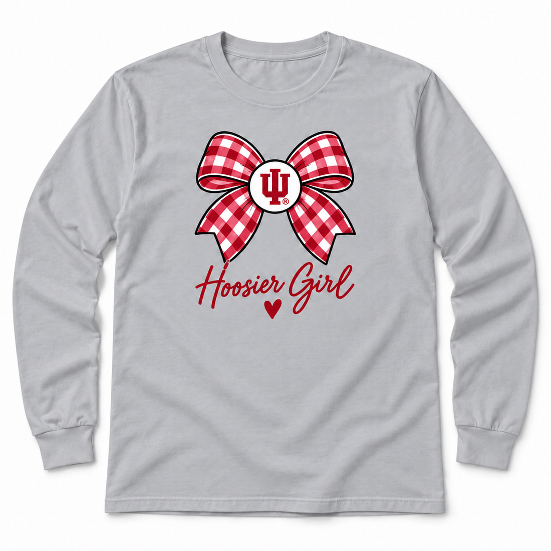 Hoosier Girl Gingham Bow and Heart longsleeve flatlay in Sport Gray