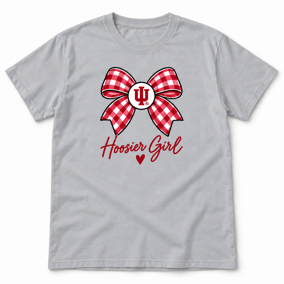 Hoosier Girl Gingham Bow and Heart tee flatlay in Sport Gray