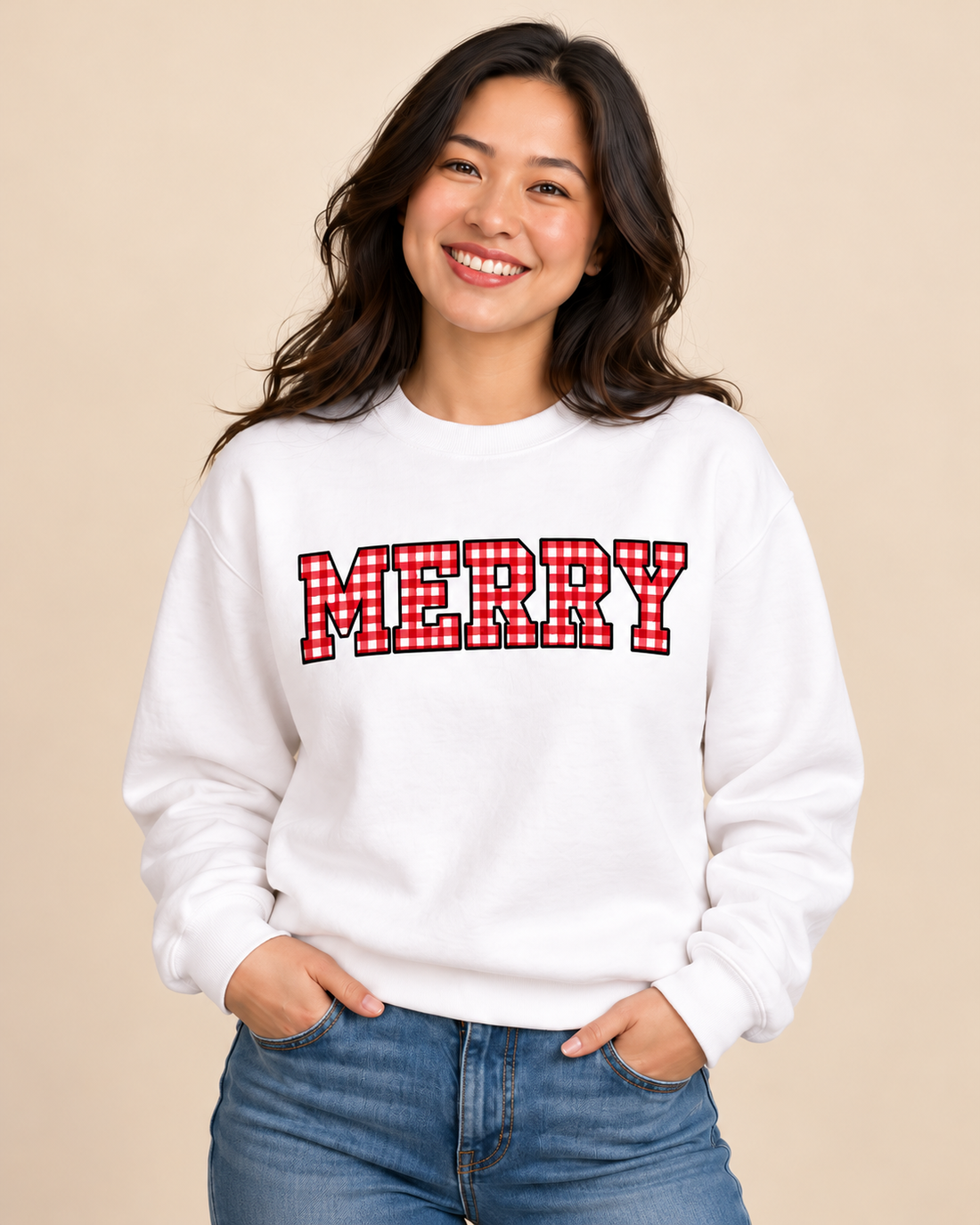 Model wearing the MERRY Red Gingham crewneck in White