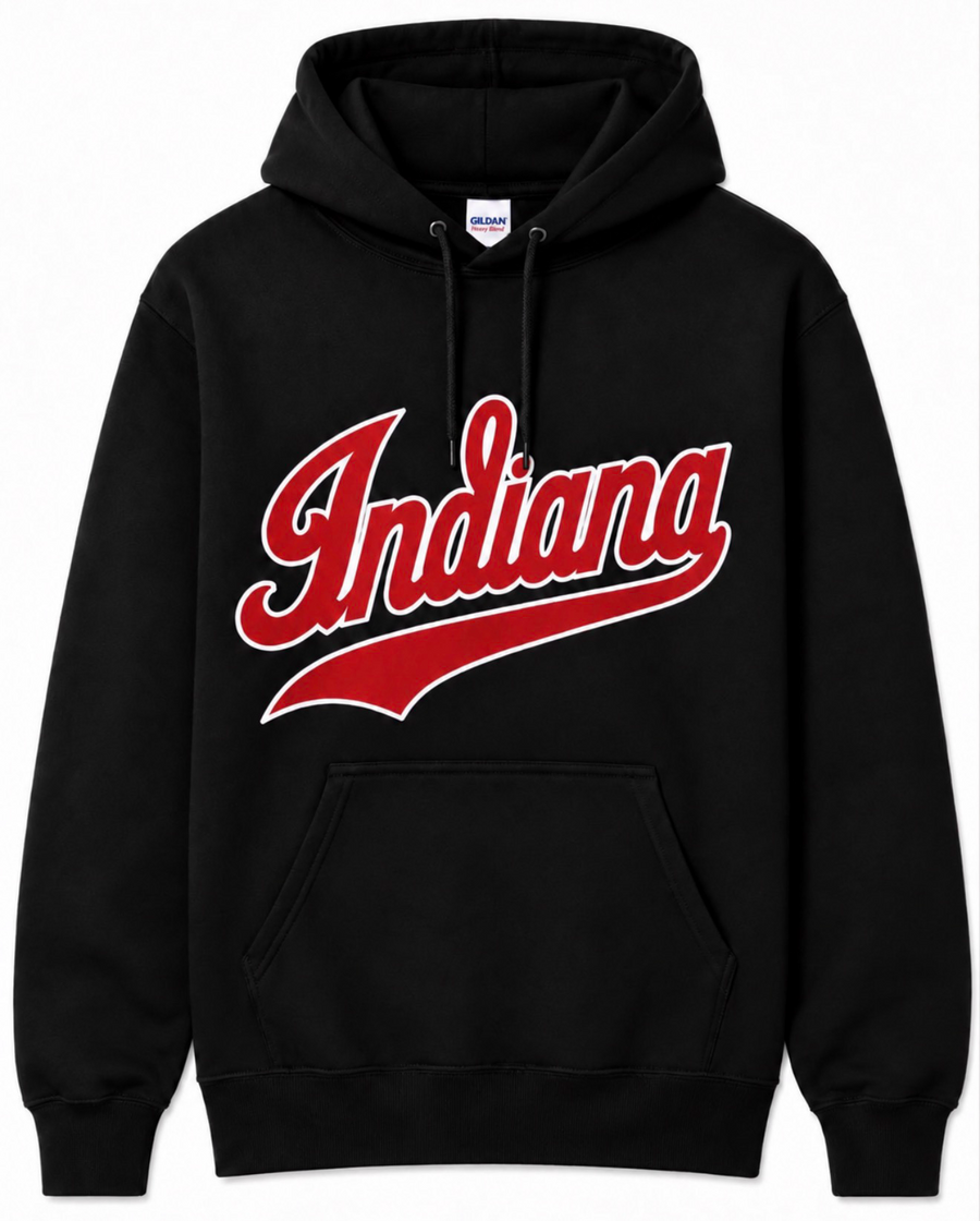 Black hoodie with red Indiana script and white outline