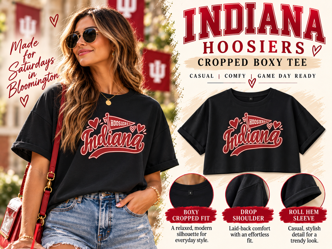 Model wearing a black cropped boxy tee with crimson and white Indiana script, a Hoosiers pennant and hearts, alongside matching garment details