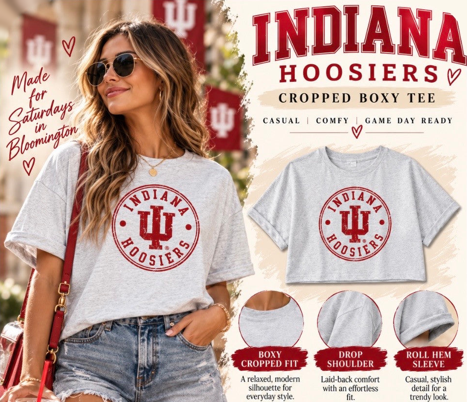 Model wearing a light gray cropped boxy tee with a crimson Indiana Hoosiers IU emblem, alongside matching garment details