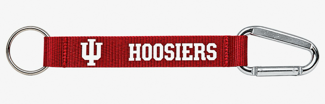 Red IU Hoosiers keychain strap with white lettering, a split key ring, and a silver-colored carabiner clip
