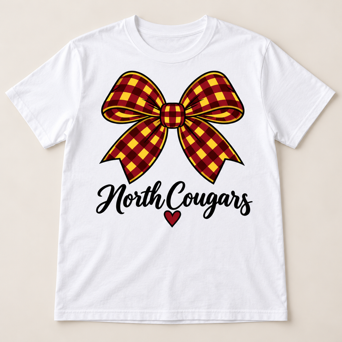 North Cougars gingham bow design on a White T-shirt