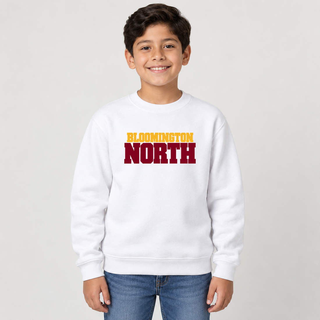 North Cougars Classic Varsity Youth Crewneck on an age-appropriate male model wearing White