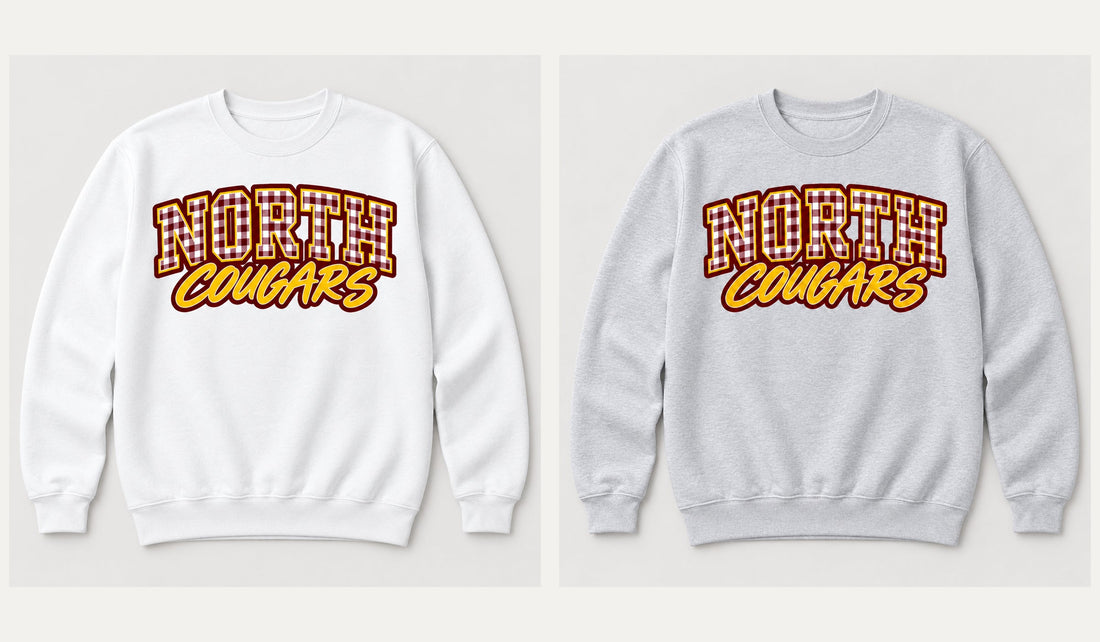 North gingham crewneck: White (left), Heather gray (right)