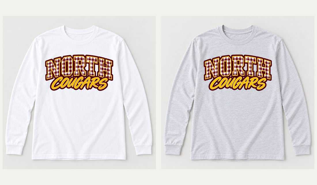 North gingham long-sleeve-tee: White (left), Heather gray (right)