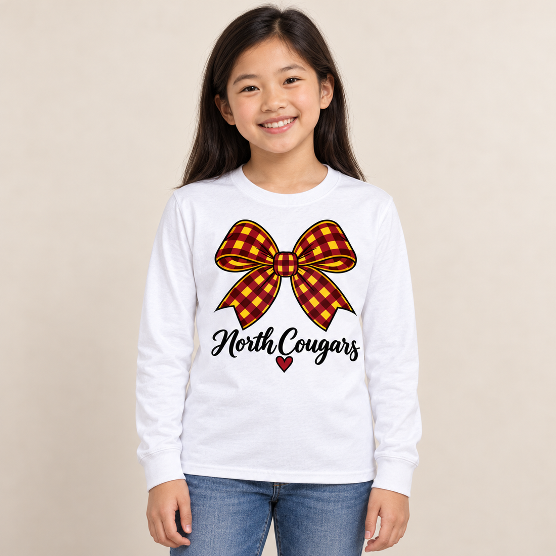 Model wearing North Cougars Bow Youth Long Sleeve T-Shirt in White