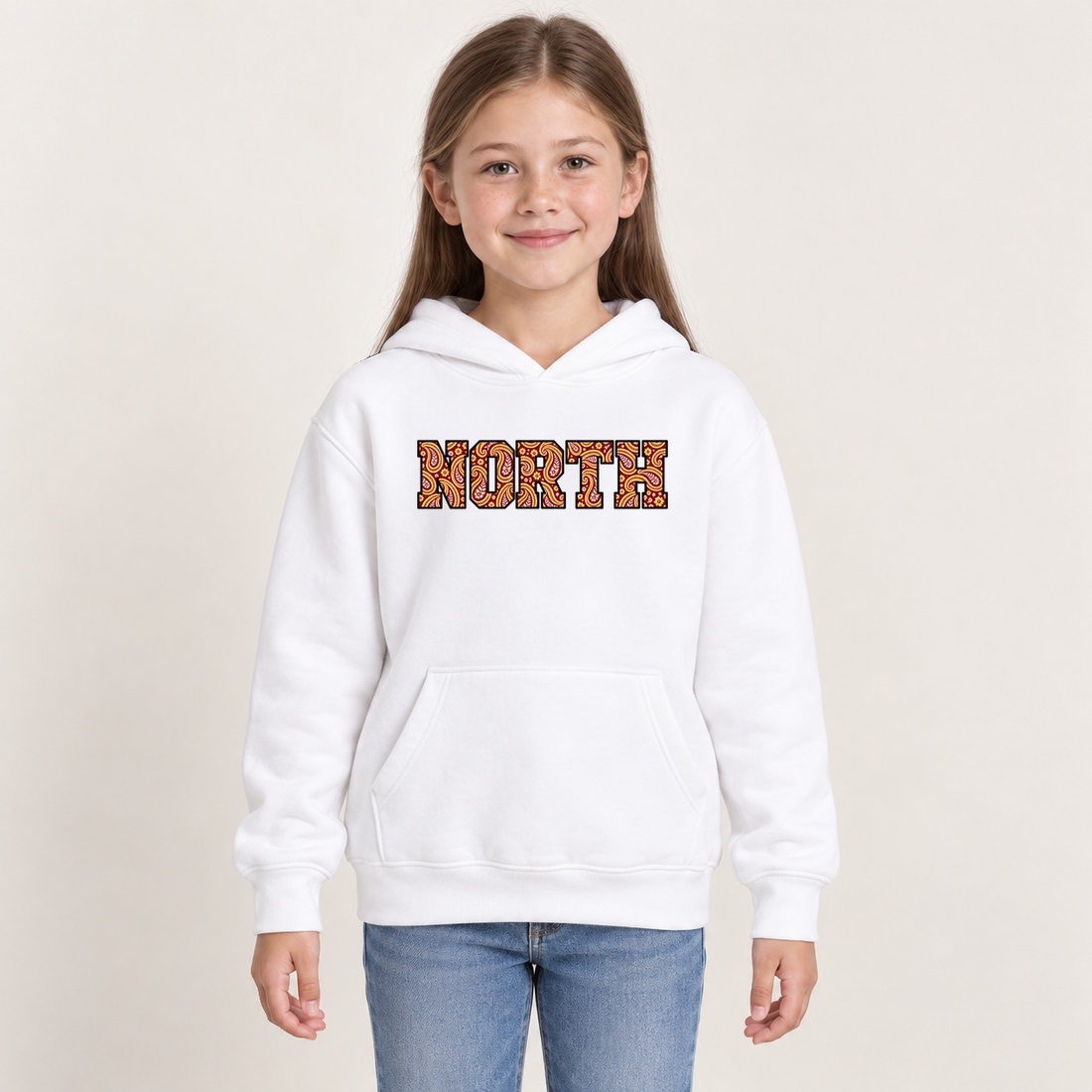 north paisley hoodie in White on a girl model