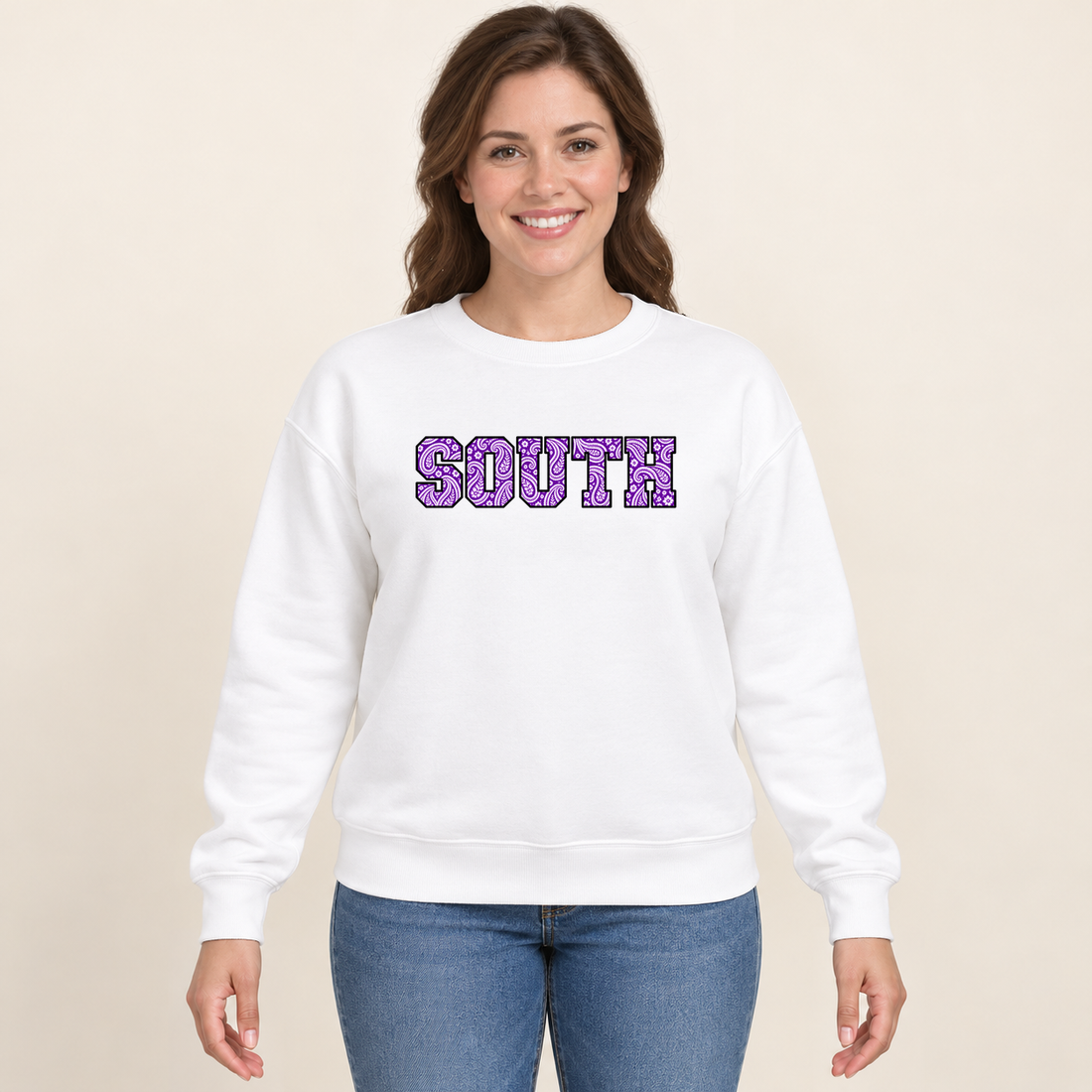 south paisley crewneck in White on a woman model