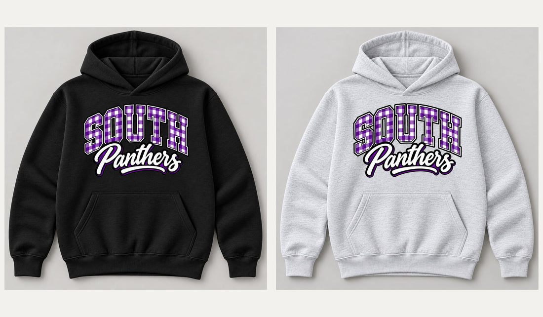South gingham hoodie: Black (left), Heather gray (right)
