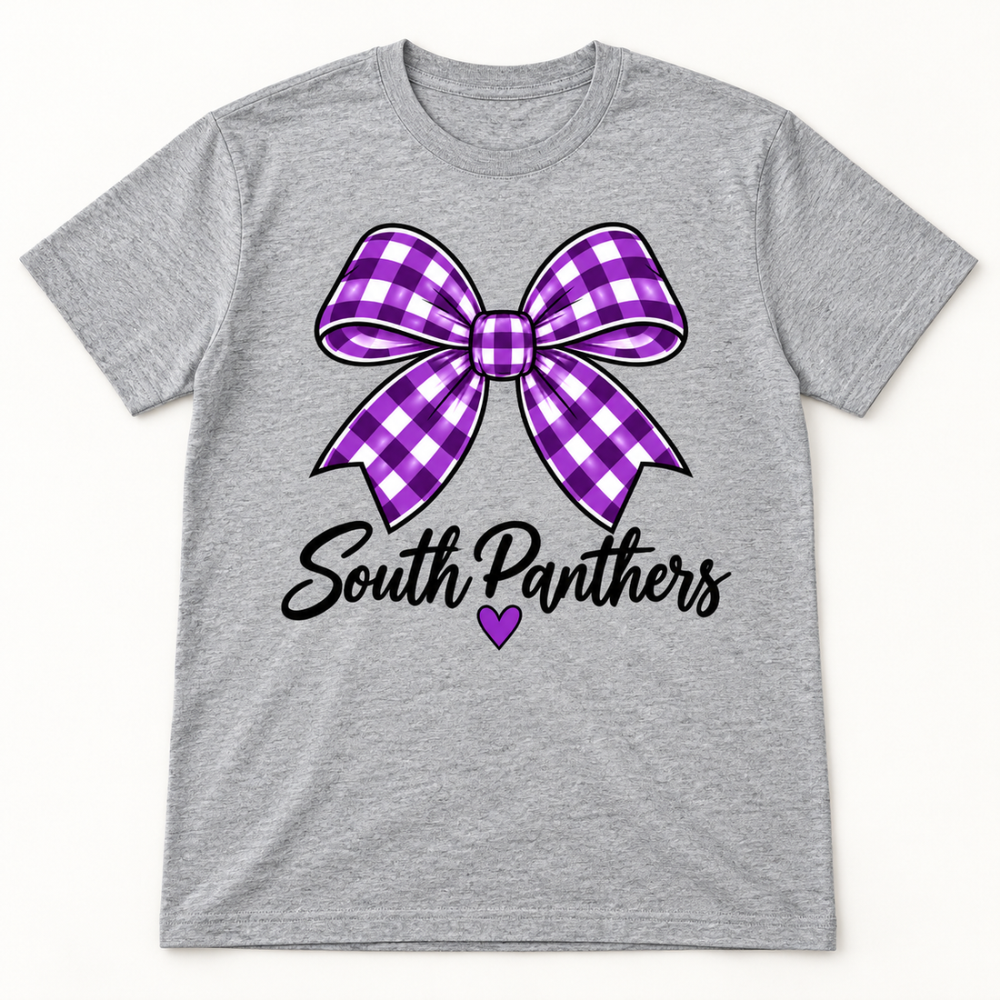 South Panthers purple gingham bow design on a Sport Gray T-shirt