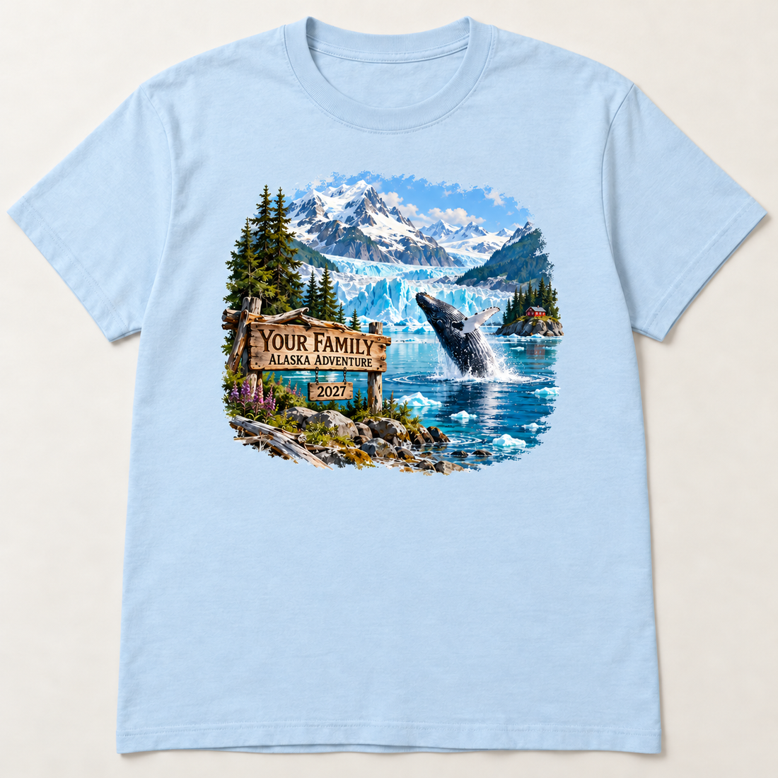 Personalized Alaskan Adventures Vacation Tee mockup on a light blue short-sleeve tee.