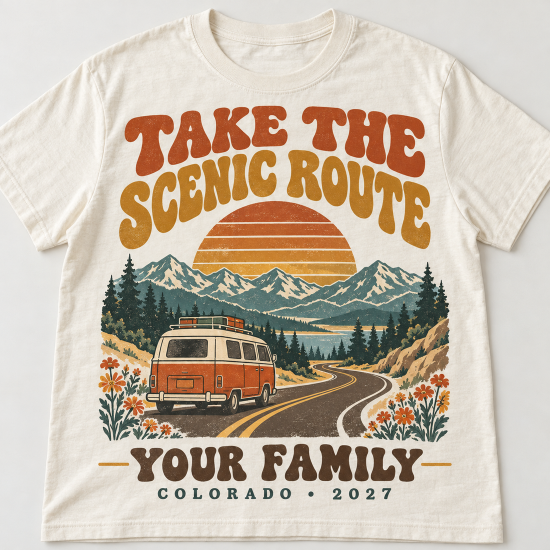 Personalized Scenic Route Vacation Tee mockup on a natural short-sleeve tee.