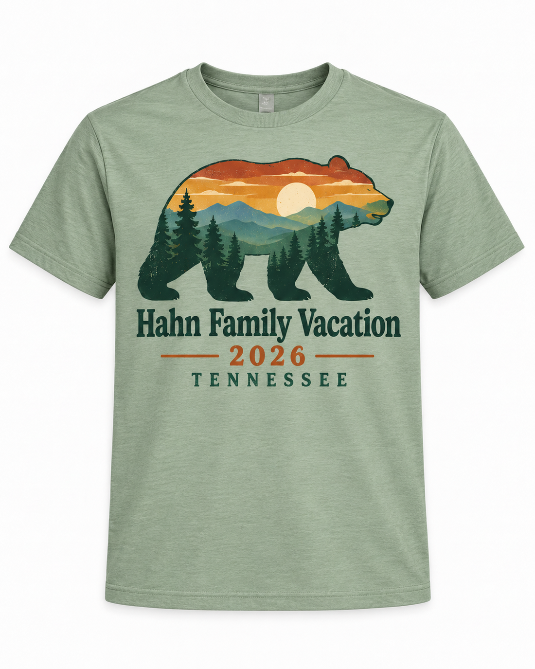 Personalized Tennessee Bear Vacation Tee mockup on a sage short-sleeve tee.
