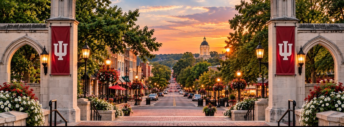 Bloomington at sunset, framed by Indiana University gates